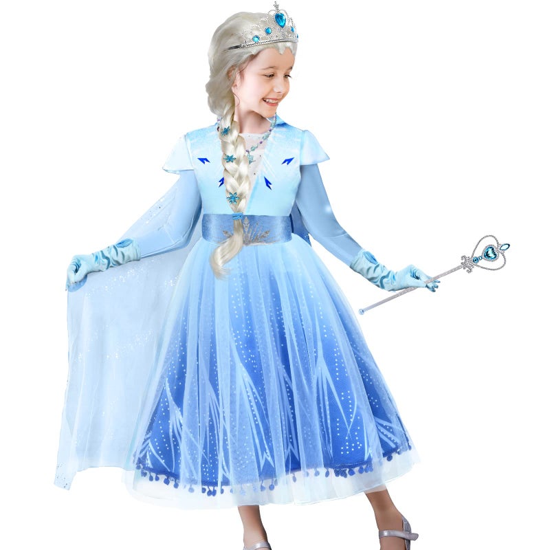 Tacobear 10Pcs Frozen Elsa Costume Dress For Girls Kids Toddler Princess Dress Up Clothes For Little Girls With Elsa Accessories Gloves Crown Wands Wig Necklace For 3T Kids Christmas Birthday Party - Image 2